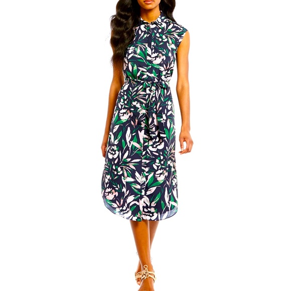 ANTONIO MELANI Dresses & Skirts - EUC Gorgeous tropical print button up shirt summer dress belt gold buttons